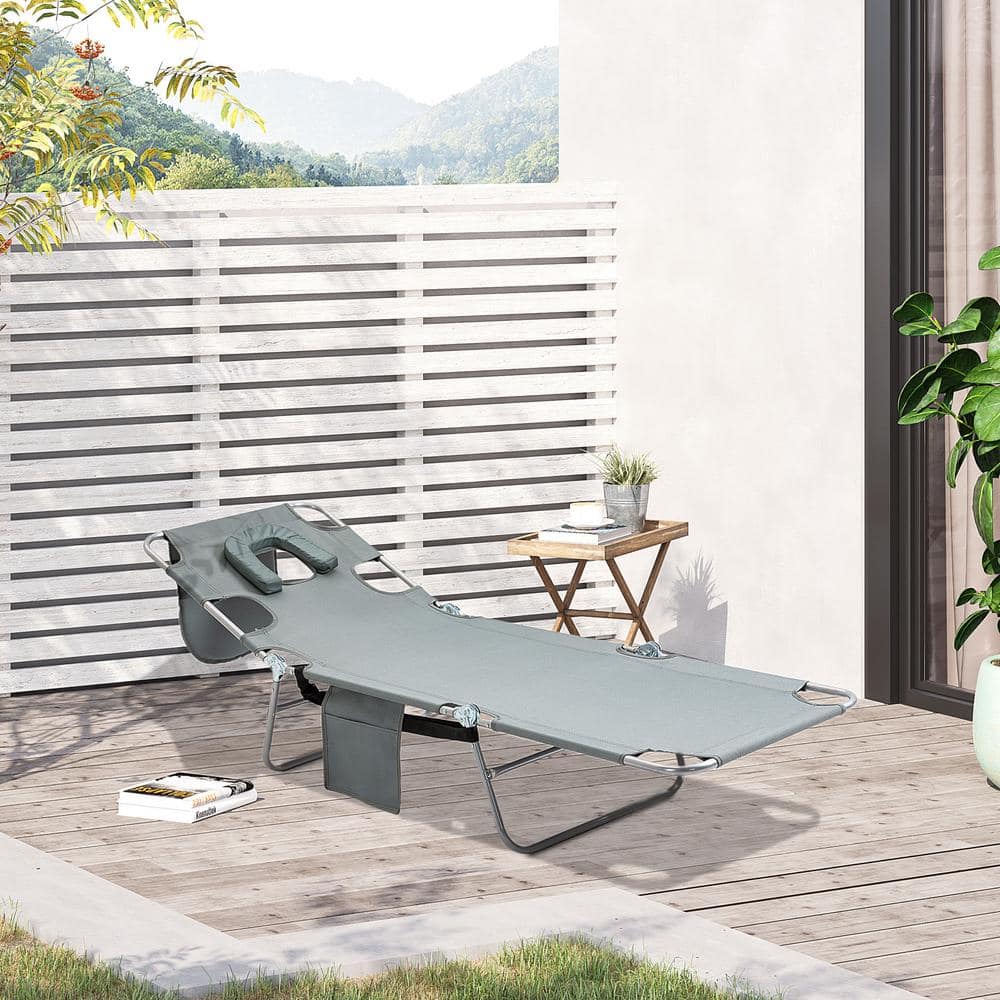 Gray Folding Outdoor Chaise Lounge with Pillow and Arm Slots