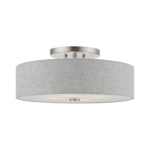 Dakota 18 in. 4-Light Brushed Nickel Semi-Flush Mount with Urban Gray Fabric Shade with White Color Fabric Inside