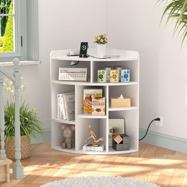 White Corner Cabinet with Charging Station, 3-Tier Cube Storage, USB Ports and Outlets, Triangle Bookcase with 8 Cubbies
