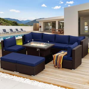 Luxury 9-Piece Brown Wicker Outdoor Fire Pit Sectional Deep Seating Sofa Set with Navy Blue Cushions and Ottomans