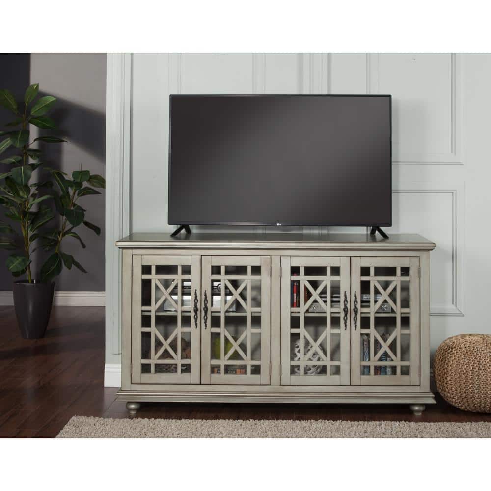 Antique Silver Wood TV Stand with Glass Doors