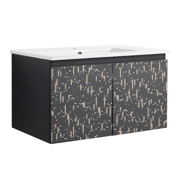 Magic Home 30 in. x 18.5 in. x 17.5 in. Floating Wall-Mounted Bathroom Vanity Storage Cabinet in Black with White Ceramic Top