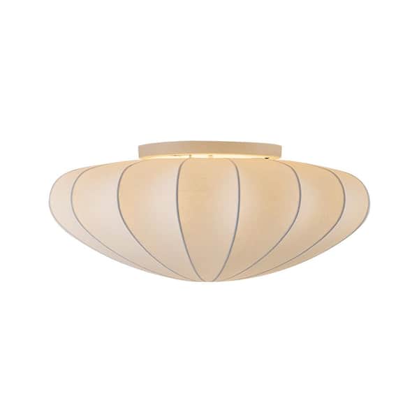 HUOKU Kateo 19.7 in. W 3-Light White Semi-Flush Mount Silk Ceiling Light w/ Cream Oval Umbrella Shell Shade for Ambient Light