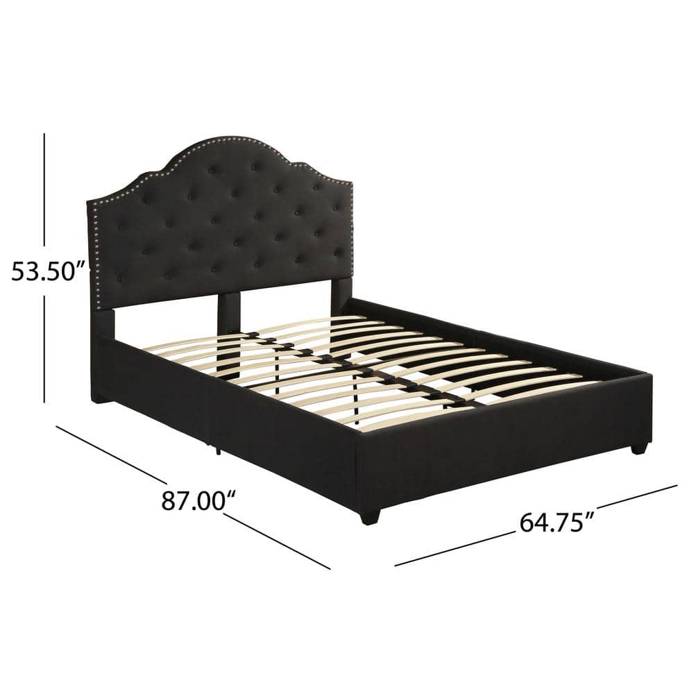 Black Queen Upholstered Bed Frame with Tufted Headboard and Nailhead Trim