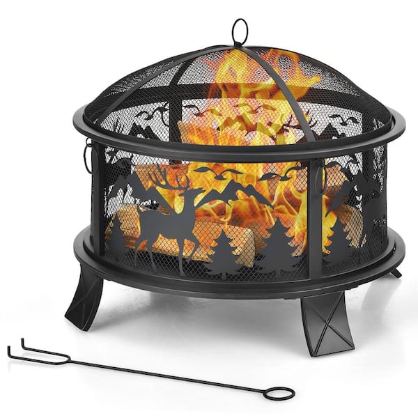 Costway 26 in. Outdoor Wood Burning Steel Fire Pit Firepit Bowl with Spark Screen, Poker