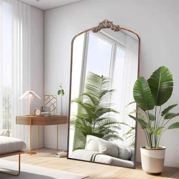 Antique Brown 36 in W x 66.5 in H Vintage Arched Floor Mirror-Baroque Metal Frame, Entryway and Living Room Decor