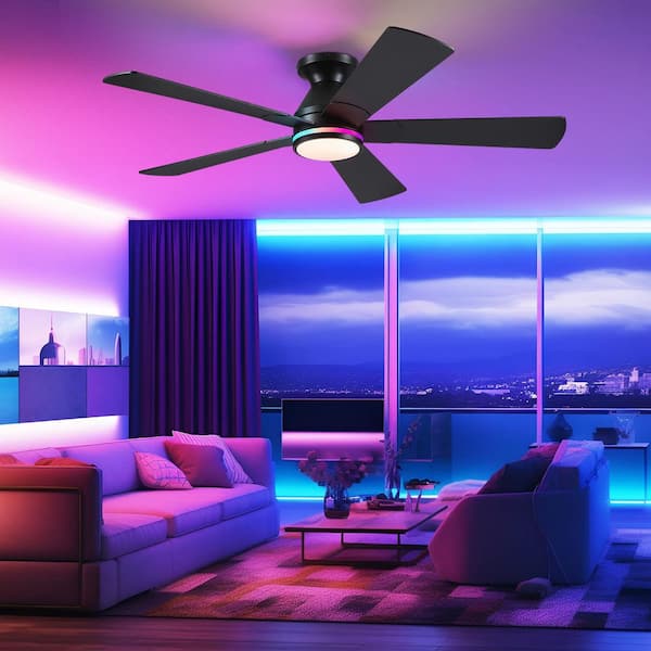 52 in. Indoor/Outdoor Modern Flush Mount Black Ceiling Fan with RGB Color LED Light and Remote/APP Control