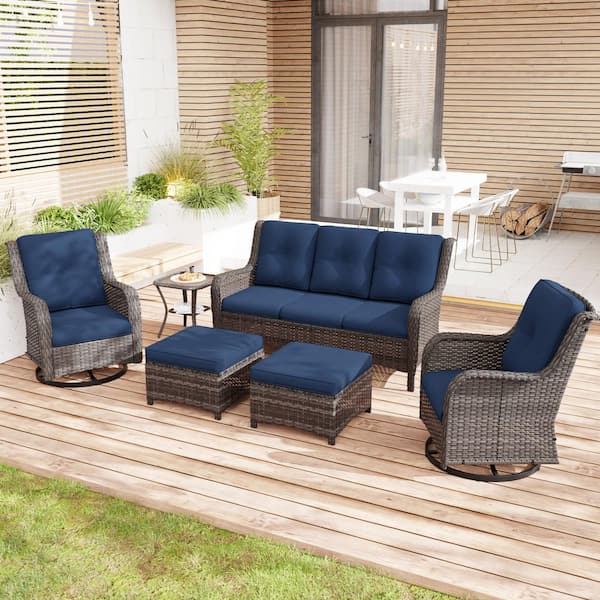 6-Piece Wicker Outdoor Sectional Set with Ottomans, Swivel Rocking Chair and Blue Cushions