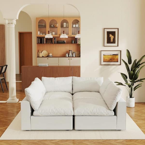 118 in. Square Arm 4-Piece Linen L-shaped Sectional Sofa Corner Cloud Couch in. White