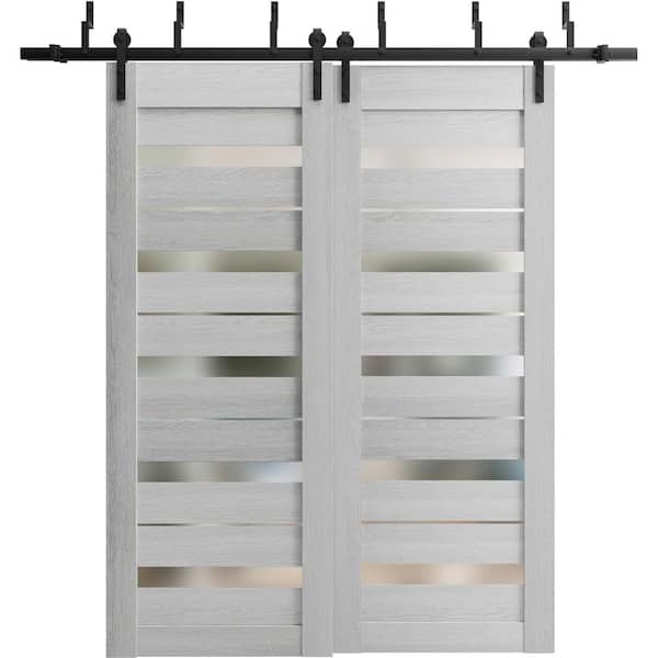 56 in. x 96 in. 2 Panel Frosted Glass Light Grey Oak Wood Sliding Barn Door with Hardware Kit