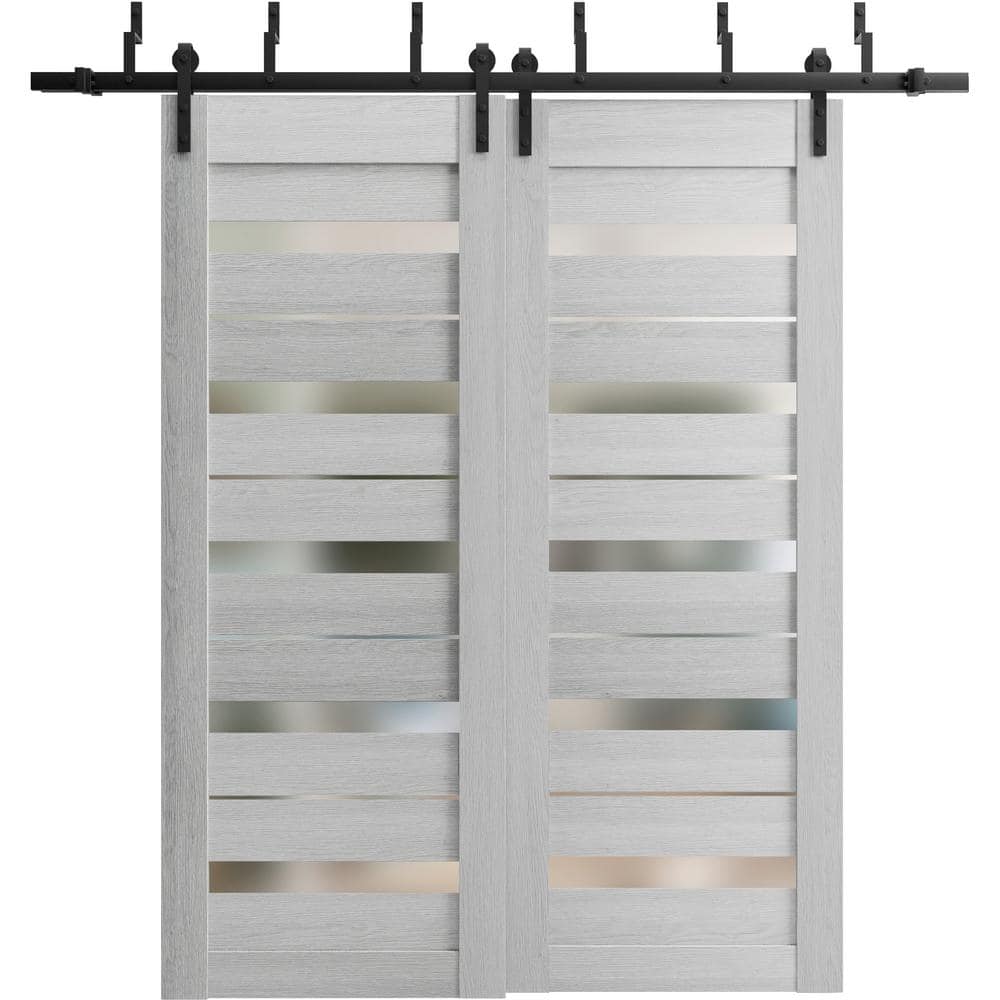 72 in. x 84 in. 2 Panel Frosted Glass Light Grey Oak Wood Sliding Barn Door with Hardware Kit price history on PriceWatchPro