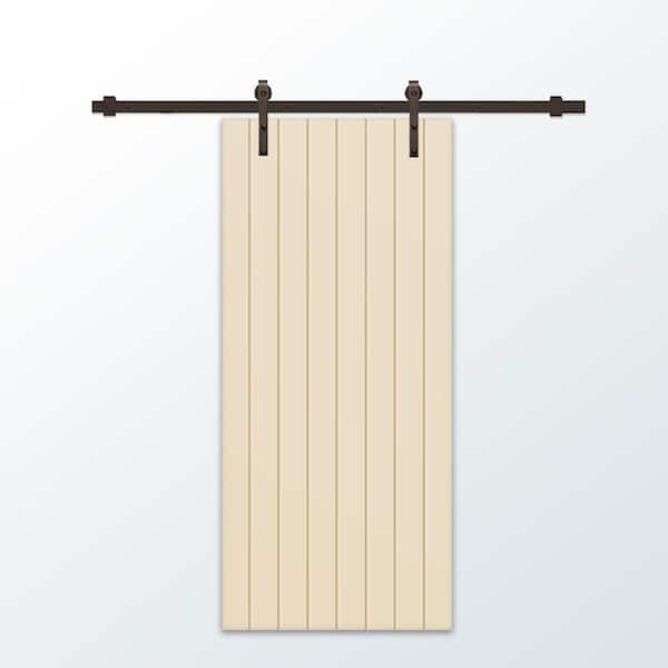 CALHOME 42 in. x 96 in. Beige Painted Composite MDF Paneled Interior Sliding Barn Door with Hardware Kit