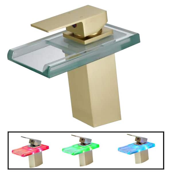 Unbranded Modern Single Handle Single Hole 3.5 GPM Waterfall Bathroom Faucet with LED Light and Supply Hoses in Gold