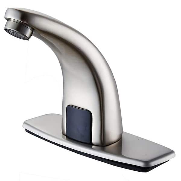 Fapully Automatic Sensor Touchless Single Hole Bathroom Sink Faucet With Deck Plate in Brushed Nickel