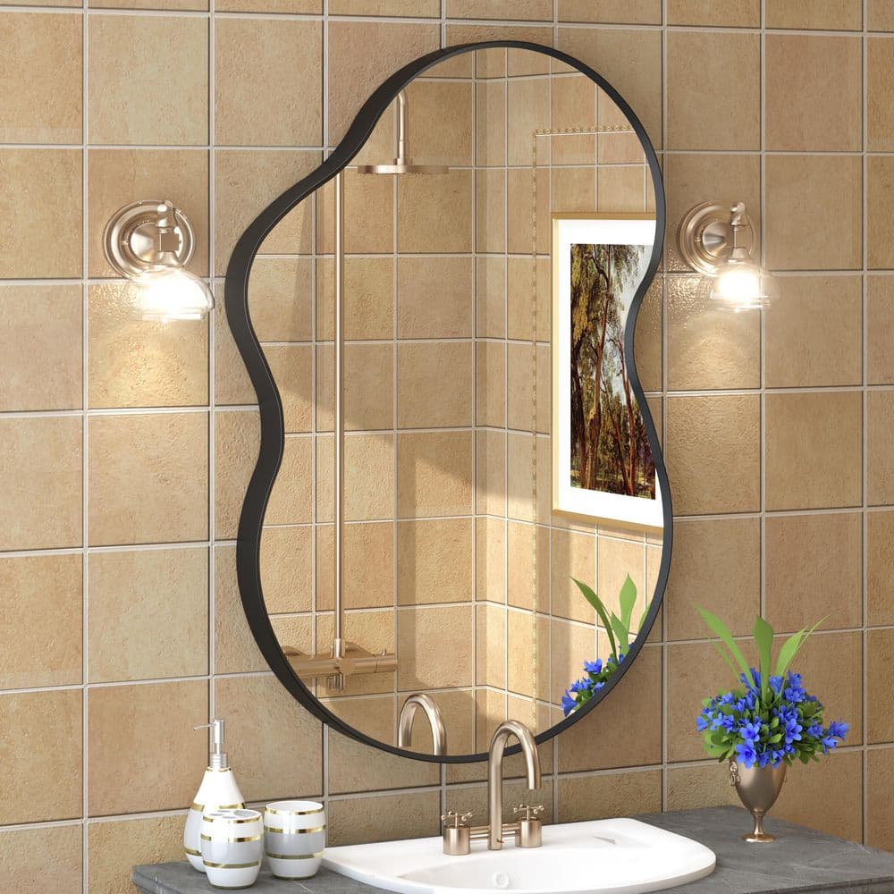 24 in. W x 36 in. H Irregular Aluminum Alloy Framed and Tempered Glass Wall Decor Bathroom Vanity Mirror in Matte Black price history on PriceWatchPro