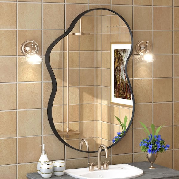 24 in. W x 36 in. H Irregular Aluminum Alloy Framed and Tempered Glass Wall Decor Bathroom Vanity Mirror in Matte Black