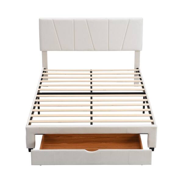 Donason Beige Wood Frame Queen Size Platform Bed with One Drawer and Adjustable Headboard