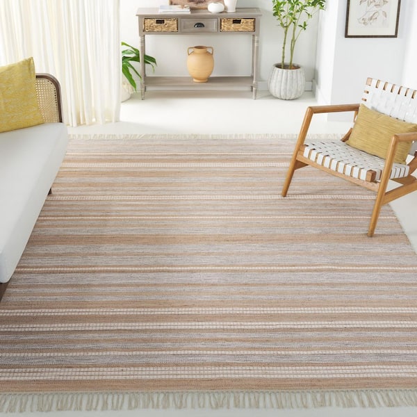 Kilim 8 ft. x 10 ft. Natural/Gray Striped High-Low Area Rug