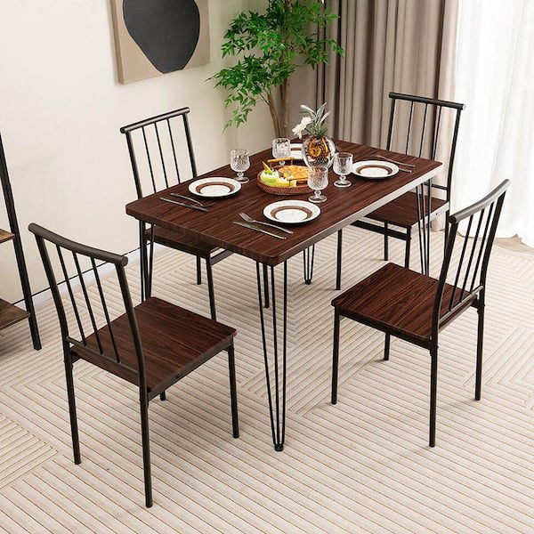 Gymax 5-Piece Walnut Wood Dining Table Set for Small Space Kitchen Table Set Seats 4