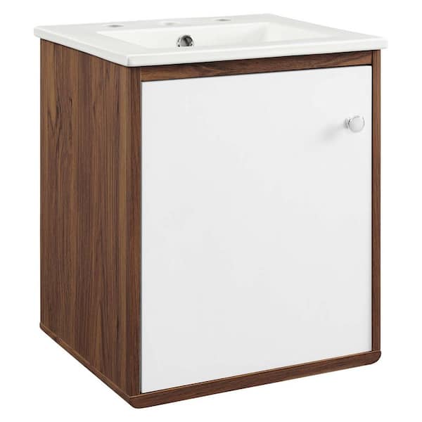 MODWAY Transmit 18 in. W x 17.5 D x 25.5 H Wall-Mount Bathroom Vanity in Walnut with White Ceramic Top