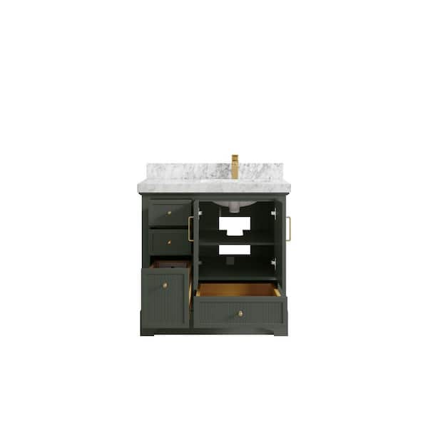 Willow Collections Alys 36 in. W x 22 in. D x 36 in. H Right Offset Single Sink Bath Vanity in Pewter Green with 2" Carrara Marble Top