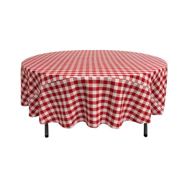 72 in. White and Red Polyester Gingham Checkered Round Tablecloth