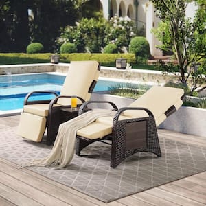 Menton Brown Wicker 2-Piece PE Rattan Outdoor Lounge Recliner Chair with Olefin Kahki Cushion Color