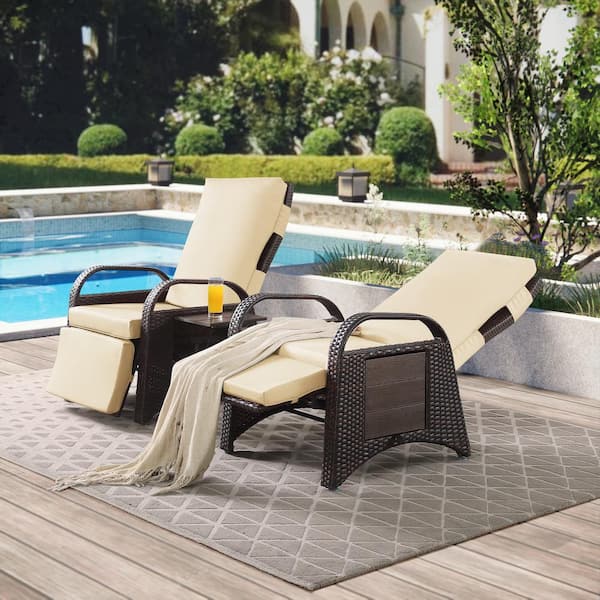 null Menton Brown Wicker 2-Piece PE Rattan Outdoor Lounge Recliner Chair with Olefin Kahki Cushion Color