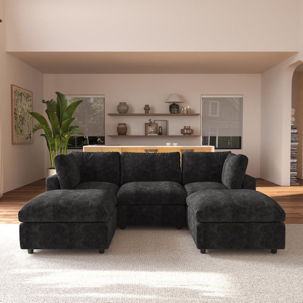 100.5 in. Square Arm Chenille 5-piece Modular Sectional Sofa Free Combination with Ottoman and Removable Covers in Black