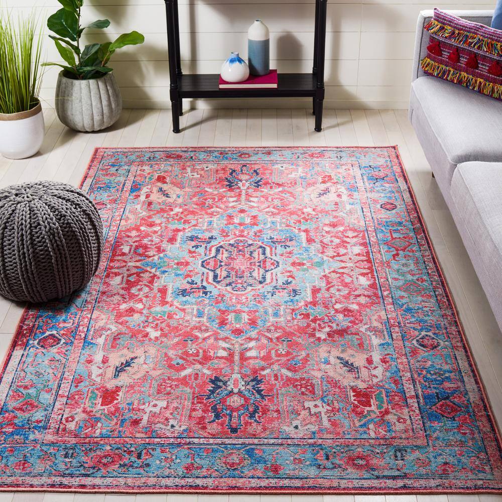 Serapi Light Blue and Red Rectangular Viscose Chenille Area Rug, 4' x 6'