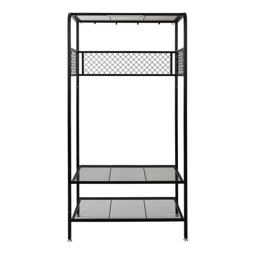 Black Steel 3-Shelf Storage Rack with Hanging Bar and Hooks