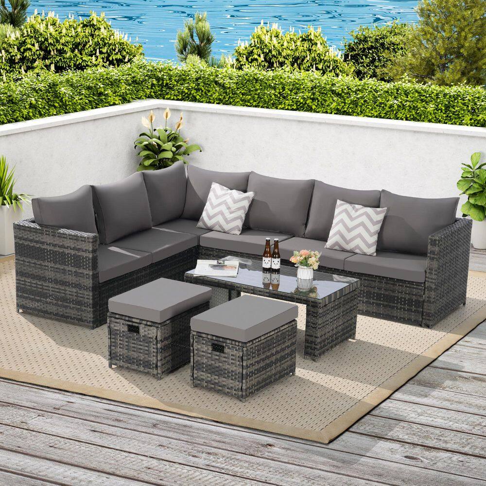 Ezra Gray 6-Piece Outdoor PE Rattan and Metal Patio Conversation Set with Dark Gray Cushions, Glass Table Top price history on PriceWatchPro