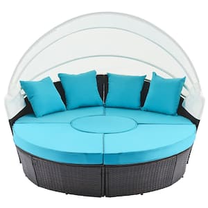 Walnut 5-Piece Wicker Outdoor Day Bed Sunbed with Retractable Canopy with Blue Cushions