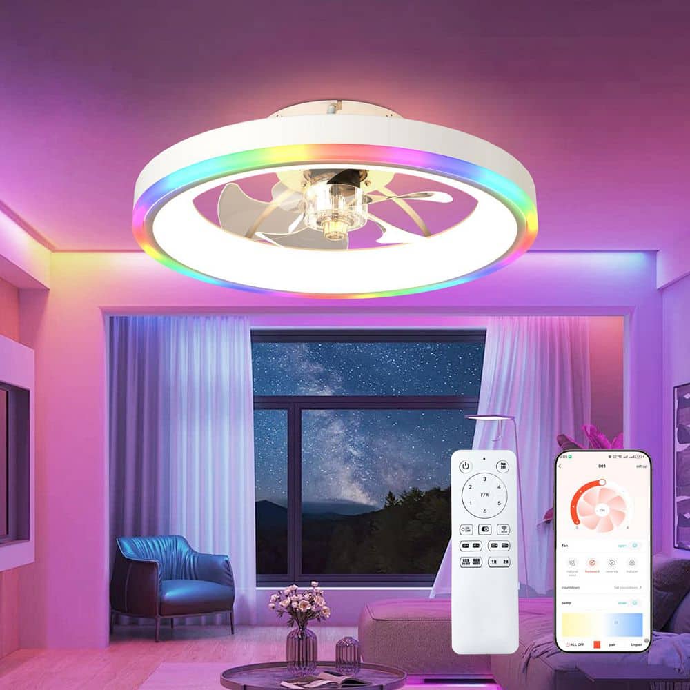 19.7 in. White RGB Modern Flush Mount Indoor Fandelier Ceiling Fan w/ Dimmable LED Light, RemoteandAPP Control, DC Motor