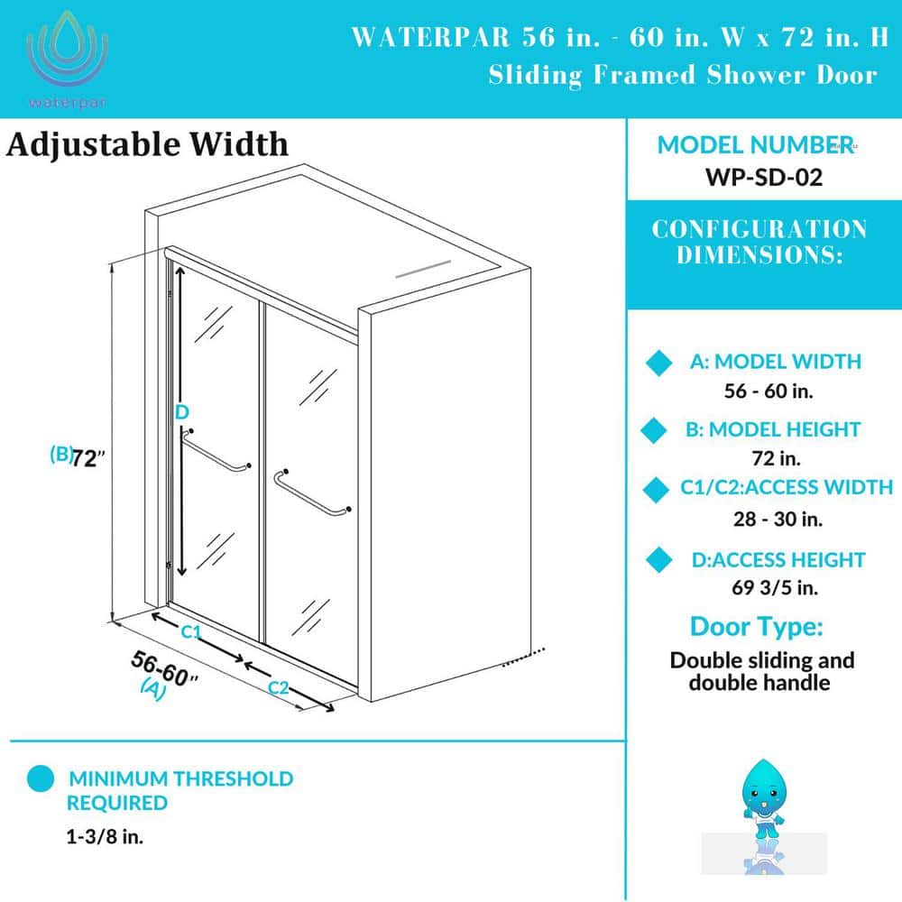Matte Black 60'' x 72'' Sliding Shower Door with Clear Glass