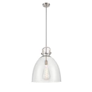 Newton Bell 1-Light Brushed Satin Nickel Shaded Pendant Light with Clear Glass Shade