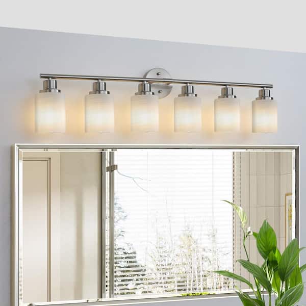 39 in. 6-Light Brushed Nickel Vanity Light with Frosted Glass Shade