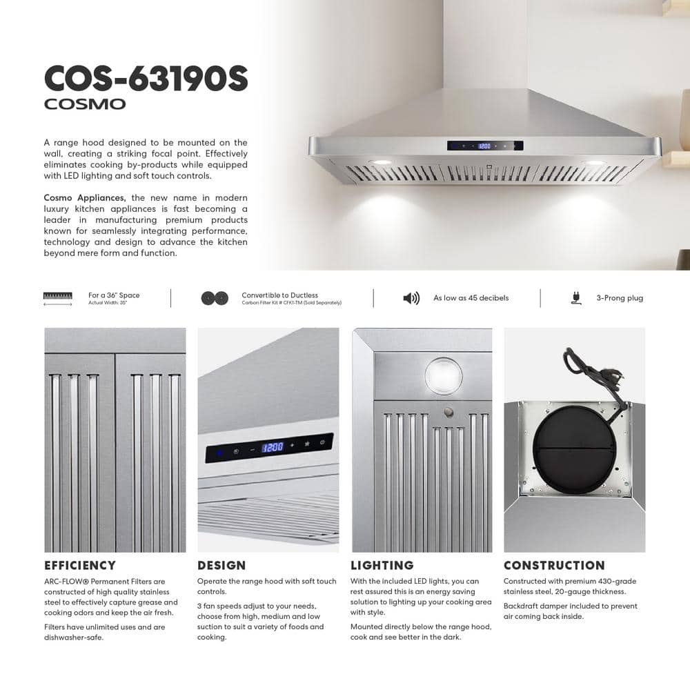 36-Inch Stainless Steel Convertible Wall Mount Range Hood