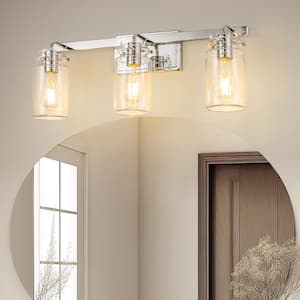 24 in. 3-Light Chrome Modern Cylinder Vanity Light for Bathroom Mirror with Clear Glass Shades