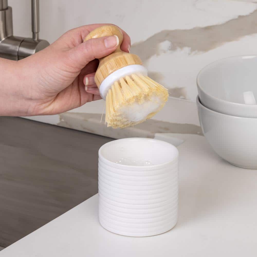 White Ceramic Soap Pump and Brush Set with Tray