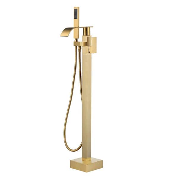 Brass Single-Handle Freestanding Tub Faucet 1.8 GPM 360° Swivel Waterfall Tub Filler Spout with Handheld Shower in. Gold