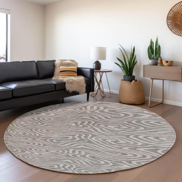 Mayfield Premium Machine Washable Abstract AMF1020 Taupe 8 ft. x 8 ft. Round Rug