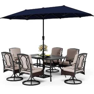 8-Piece Metal Outdoor Dining Set with CushionGuard Beige Cushions Wicker Swivel Rockers and Navy Umbrella