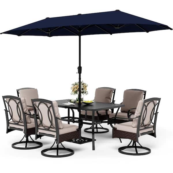 PHI VILLA 8-Piece Metal Outdoor Dining Set with CushionGuard Beige Cushions Wicker Swivel Rockers and Navy Umbrella
