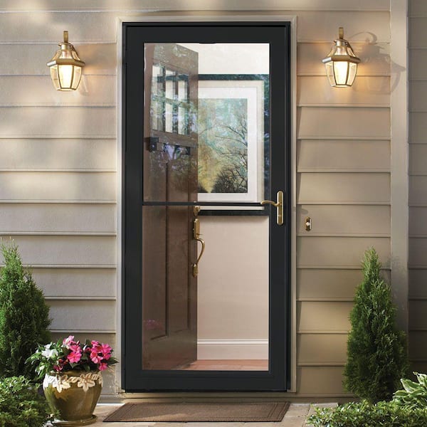 3000 Series 36 in. x 80 in. Black Right-Hand Retractable Aluminum Storm Door with Brass Hardware
