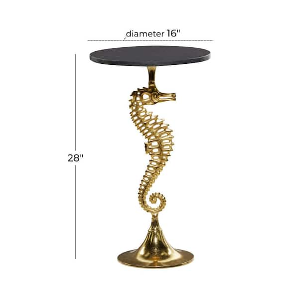 16 in. Gold Sea Horse Large Round Marble End Table with Black Marble Table Top
