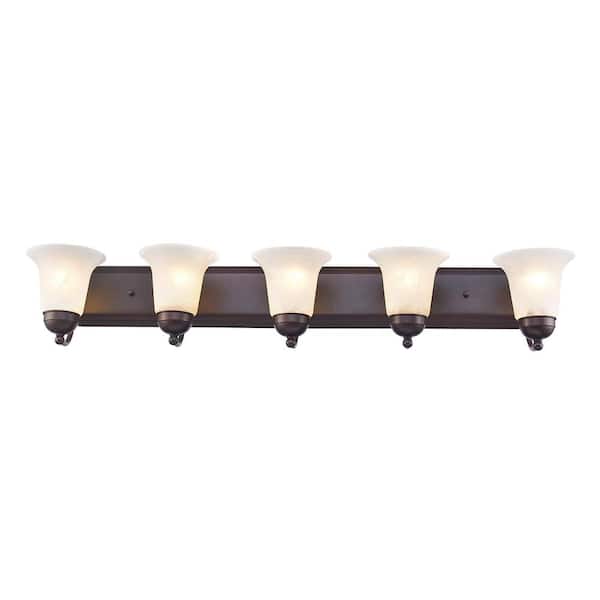 Bel Air Lighting Cabernet Collection 38 in. 5-Light Oiled Bronze Bathroom Vanity Light Fixture with White Marbleized Glass Shades