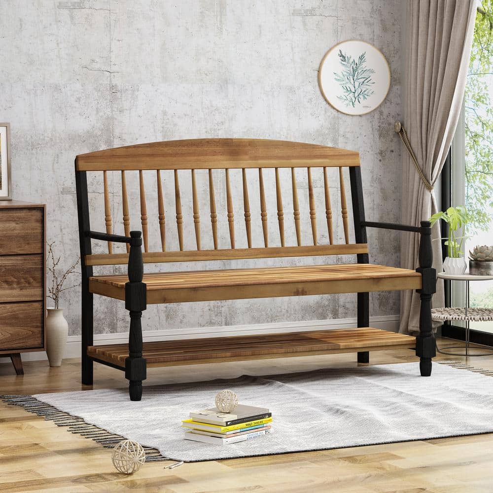 Teak and Black Acacia Wood Bench with Shelf, 51"
