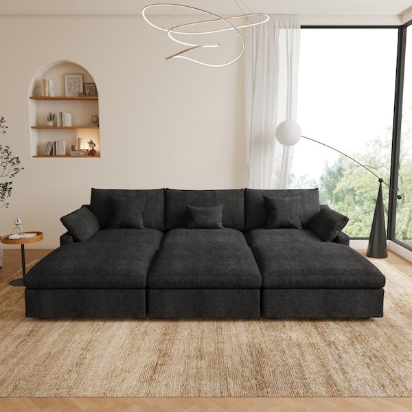 119 in. W Square Arm Linen Upholstered Rectangle 3-Seater Sectional Sofa with 3-Ottoman in Black