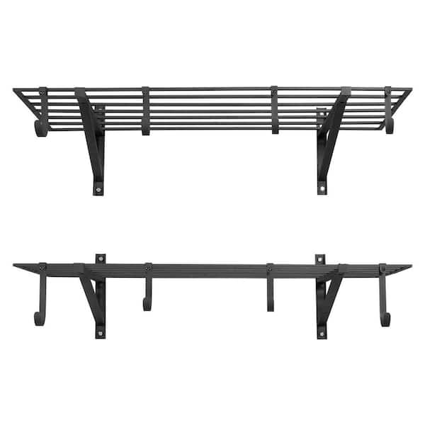 2-Tier Wall Garage Shelving, 2 x 4 ft. Steel Shelving Unit with Hooks, 24 x 48 in. Per Shelf, 520 lbs. Capacity, Black